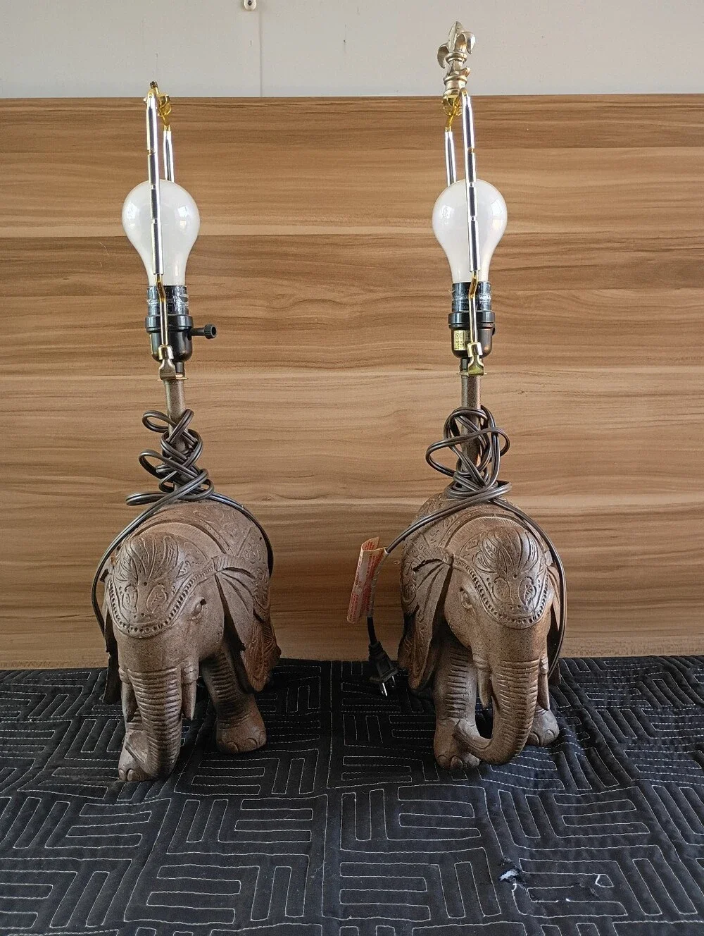 Hand-Carved Brown Elephant Table Lamps - Decorative Pair
